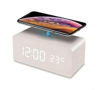 Réveil numérique en bois avec chargement sans fil et affichage de la température, décoration de chevet ou de bureau compact pour la maison (blanc)