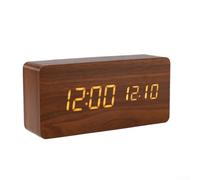 Réveil numérique en bois avec grand écran LED pour l'heure, la date, la température, double fonction répétition, lampe de bureau portable pour chambre à coucher, bureau, salon, décoration (marron)