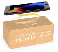 Réveil numérique en bois avec station de charge sans fil, chargeur rapide 5 W pour iPhone/Samsung Galaxy
