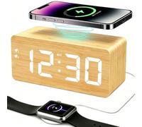 Réveil numérique en bois de qualité supérieure avec chargeur sans fil, deux ports de charge USB, intensité variable de 0 à 99 %, grand affichage de l'heure, DST, répétition, petite horloge de bureau