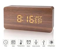 Réveil Numérique en Bois - Réveil LCD Horloge Digitale - Marron, LED, luminosité réglable - Afficher la Date Humidité Température