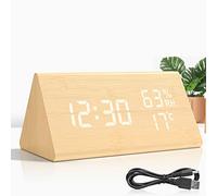 Réveil Numérique en Bois, VORRINC Reveil Bois avec 3 Réglages d'Alarme, LED Réveil Électronique avec Heure et Température, Contrôle du Sonore, Fonction Snooze, pour Bureau de Chambre (Bambou et Blanc)