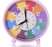 Réveil Numérique Enfants Sans Tic-tac, Réveil Educatif Numerique Apprentissage Silencieux Horloge Voyag Garçon Fille Anfant Analogique avec Fonction Snooze Et Veilleuse, Rose(Piles Non Incluse)