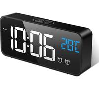 Réveil Numérique,Horloge Digitale Réveil Matin Miroir LED Grand Ecran Aver Température/Snooze/2 Alarme,Luminosité et Son Réglable,Activation Sonore,USB Charge Clock pour Maison Bureau,Noir