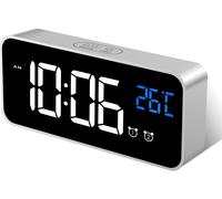 Réveil Numérique,Horloge Digitale Réveil Miroir LED Aver Température/Snooze/2 Alarme,Luminosité et Son Réglable,Activation Sonore,Charge des Ports USB,Argent