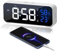 Réveil Numérique,Horloge Numérique LED Horloge Digitale Réveil Design Miroir,Reveil Matin 5 Modes d'Alarme Réglables et 5 Niveaux de luminosité réglable,12/24 Heures,Blanc