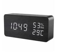 INF Réveil numérique à LED, réveil numérique, réveil de voyage, horloge de table, horloge avec date et température, design en bois noir
