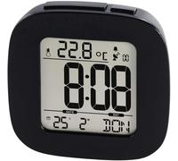 Reveil Numérique LDC (Mini Réveil Radio-Piloté DCF,Alarme avec Acceleration,Snooze,Date,Température,Rétroéclairage LED Bleu,Réveil de Voyage Compact,Horloge de Bureau) Noir