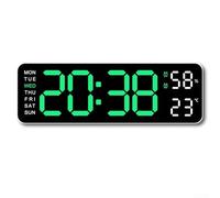 Réveil numérique LED avec affichage du jour, coque en plastique blanc avec lumière bleue, pour montage mural ou sur table, nécessite une alimentation externe (lumière verte)