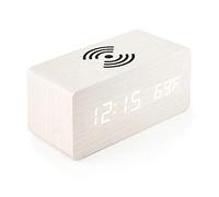 Réveil numérique multifonction à LED - Réveil électronique de bureau - Chargement sans fil - Horloge numérique en bois (bois blanc)
