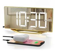 Réveil numérique pour chambre à coucher, horloge de bureau à DEL fine avec finition miroir dorée, 7 niveaux de luminosité, double ports USB, répétition, 12/24h, grand écran de 22,1 cm, horloge de