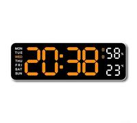 Réveil numérique rectangulaire avec plusieurs affichages, y compris la date, l'heure, le jour et la température avec réglage de la luminosité, adapté pour être accroché au mur ou posé sur un bureau