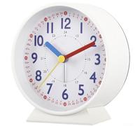 Réveil portable en métal avec mouvement à quartz silencieux 24 heures et veilleuse lumineuse pour bureau, chambre à coucher, bureau, design rond compact (blanc)