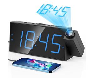 Reveil Projecteur Bleu, 180° Reveil Projecteur Plafond Secteur de Ecran 7" LED, pour Enfants, Gros Dormeur, Reveil Double+Plafond à Pile+Snooze+Luminosité Réglable+Sonnerie Réglable+USB, 12/24H