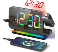 Réveil Projecteur Plafond, Grand Radio Réveil Miroir Multicolore, 6 Luminosité de L'écran, Horloge Numérique à Projection 180° Reveil Projecteur FM, Ports USB et Type-C, 12/24 H avec Adaptateur