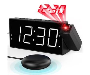 Reveil Projecteur Plafond, Réveil Vibrant pour Sourd et Malentendant, Horloge Projection, Reveil Puissant Gros Dormeurs, Snooze, Ports USB de Chargement, Grand Affichage à LED, Batterie de Secours