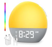 Réveil Simulateur d'Aube, Réveil Lumineux LED avec Double Alarme, Fonction Snooze de 9 Mins, Lampe d'ambiance 10 Couleurs, 20 Niveaux de Luminosité, 24 Sons Naturels et Radio FM pour Chambre