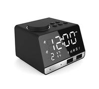 Réveil subwoofer avec chargement sans fil, horloges numériques pour la maison, haut-parleur Bluetooth avec port USB, double alarme, 3 luminosités réglables, lecteur, grand écran LED miroir pour