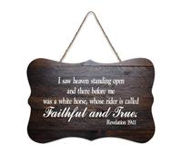 Revelation 19:11 I Saw Heaven Standing Open And There Before Me Was A White Horse Whose Rider Is Ca Panneau en bois rustique à suspendre Décoration murale pour bureau 15,2 x 25,4 cm