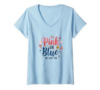 Révélation du Sexe Rose ou Bleu « We Love You Baby Celebration » T-Shirt avec Col en V, Femme, Bleu Céleste, S