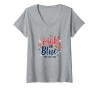 Révélation du Sexe Rose ou Bleu « We Love You Baby Celebration » T-Shirt avec Col en V, Femme, Gris Chiné, M