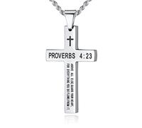 REVEMCN Collier avec pendentif en forme de croix avec verset de la Bible inspirant pour homme et garçon en acier inoxydable noir uni argenté 50,8 à 61 cm, 22 inches, Acier inoxydable, Non.