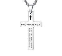 REVEMCN Collier avec pendentif en forme de croix avec verset de la Bible inspirant pour homme et garçon en acier inoxydable noir uni argenté 50,8 à 61 cm, 22 inches, Acier inoxydable, Non.