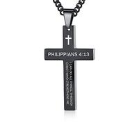 REVEMCN Collier avec pendentif en forme de croix avec verset de la Bible inspirant pour homme et garçon en acier inoxydable noir uni argenté 50,8 à 61 cm, 22 inches, Acier inoxydable, Non.