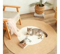 Reversible Cat Scratching Mat,Round Jute Rug with Non Slip Bottom,Washable Pet Scratch Pad for Indoor Cats,Dual Sided Scratch Resistant Carpet (White+Khaki, 80cm)