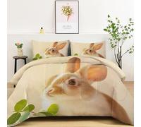 Réversible Couette 4 Saisons 200 x 200 cm - Parure de Lit Imprimée Animal Mignon Lapin Herbe, Jaune Clair Lavable Douce et Confortable Couette sans Housse 3 Pièces avec 2 Taies d'oreiller