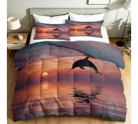 Réversible Couette Été en Microfibre, Minimaliste Élégant Océan Animal Dauphin Édredon Lit 2 Personnes 260 x 240 cm, Orange Gris Couverture 4 Saisons pour Adultes et Ados, Respirante Légère Couette