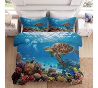 Réversible Housse de Couette Microfibre 90 x 194 cmBleu Marin | Océan Estival Linge de Lit avec Fermeture Éclair Tropical Île Tortue Marine Corail Poissons Textiles Garçons Filles Adulte