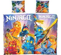 Réversible Linon Parure de lit pour Enfant Lego Ninjago - Fire - 135 x 200 cm + 80 x 80 cm - 100% Coton - renforcé Cole - Jay - Kai - Lloyd - Zane - NYA - Misako - Sensai WU - Allemande Taille