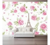 Rêveur Cartoon Cœur Rose Tour Eiffel Modèle Papier Peint Panoramique | Romantisme Français Impression Papier Peint Mural, 400 x 280 cm Rose pour Salon Chambre TV Fond Décoration