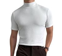 REVHQ Basique T-Shirt Homme Col Haut Casual T-Shirt Stretch Slim Fit Couleur Unie T-Shirt Été Confortable Manches Courtes T-Shirt Homme Mince Mode T-Shirt Homme A-White M