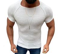 REVHQ Basique T-Shirt Homme Manches Courtes Pullover Été Musclé Shirt Homme Col Rond Couleur Unie T-Shirt Stretch Slim Fit Tricot Homme Simplicité Confortable Casual T-Shirt Homme D-White M