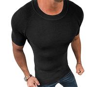REVHQ Basique T-Shirt Homme Manches Courtes Pullover Été Musclé Shirt Homme Col Rond Couleur Unie T-Shirt Stretch Slim Fit Tricot Homme Simplicité Confortable Casual T-Shirt Homme C-Black XL