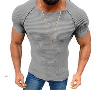 REVHQ Basique T-Shirt Homme Manches Courtes Pullover Été Musclé Shirt Homme Col Rond Couleur Unie T-Shirt Stretch Slim Fit Tricot Homme Simplicité Confortable Casual T-Shirt Homme F-Grey XL
