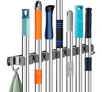 Revivoer Porte Balais Mural, Accroche Balai Mural Multifonctions Inox avec 7 Positions et 2 Crochets Organisateur D'outils Rangement pour La Cuisine, La Salle de Bain, le Garage et le Jardin (Gris)