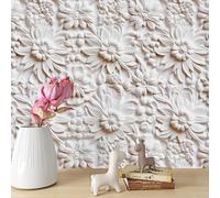 ReWallpaper Papier Peint Adhesif Fleurs Beige Blanc Vinyle Adhesif Meuble Vintage 44.5cmx3m Papier Peint Fleurs Effet 3d pour Chambre Salle de Bain Imperméable Rouleau Décoratif Floral