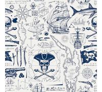 ReWallpaper Papier Peint Bateau Pirate Bleu Marine Film Decoratif Adhesif Meuble Porte Placard 44.5CMx3M Papier Peint Autocollant Mural Chambre Garçon Bleu Beige Rouleau Adhesif Motif Enfant