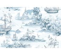 ReWallpaper Papier Peint Toile De Jouy Bleu Blanc Vinyle Adhesif Meuble pour Armoire Mur Buanderie 44.5CMx3M Papier Peint Autocollant Salle De Bain avec Motif Voiliers Paysage Bleu