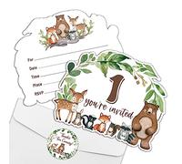 REWIDPARTY Lot de 15 invitations pour 1er anniversaire avec enveloppes et autocollants en forme d'animaux de la forêt