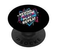Rewind Play Repeat 80s 90s Cassette Tape Retro Music Lover PopSockets PopGrip Adhésif