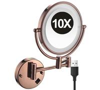 REWIS Miroir de courtoisie de Maquillage Mural grossissant 1X/10X Double Face de 8 Pouces avec éclairage LED, Miroir cosmétique Extensible pivotant à 360°, Miroir de Rasage HD,Rose Gold,USB