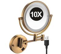 REWIS Miroir de courtoisie de Maquillage Mural grossissant 1X/10X Double Face de 8 Pouces avec éclairage LED, Miroir cosmétique Extensible pivotant à 360°, Miroir de Rasage HD,Laiton,USB