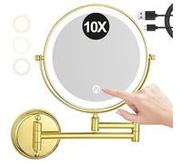 REWIS Miroir de Maquillage Mural à grossissement Double Face de 8 Pouces, Miroir cosmétique à LED à intensité Variable à 3 Couleurs avec écran Tactile USB, Miroir de Rasage Rotatif HD,d'or,10X