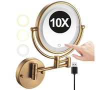 REWIS Miroir de Maquillage Mural à LED de 8 Pouces avec écran Tactile, 3 lumières de Couleur à intensité Variable, Miroir de Rasage HD grossissant 1X/10X sur 2 côtés,Laiton,USB