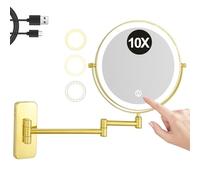 REWIS Miroir de Maquillage Mural en Laiton de 8 Pouces avec Rotation à 2 côtés et grossissement, Miroir cosmétique à LED à intensité Variable USB à 3 Couleurs, Miroir de Rasage éclairé HD,d'or,10X