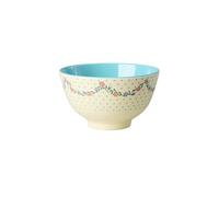 ReWu RICE Bol en mélamine, 11 cm, crème, avec guirlande de points et de fleurs, intérieur bleu clair, petit bol à collation et à dessert, léger et robuste, idéal pour les enfants et l'extérieur, max